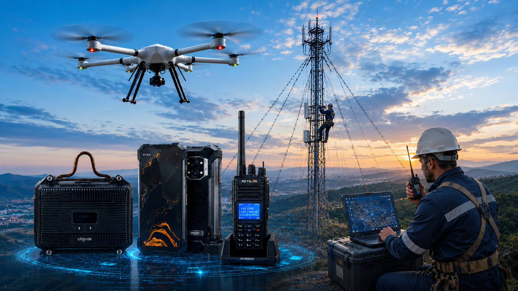 Técnico de telecomunicaciones utilizando equipos de radiocomunicación y UAV para inspección de una torre arriostrada en infraestructura crítica de telecomunicaciones.