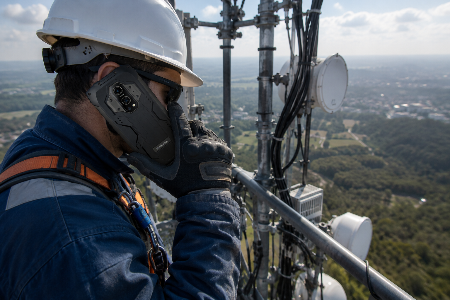 Técnico de telecomunicaciones utilizando un celular de uso rudo y alta seguridad durante labores de mantenimiento en una torre de comunicación.