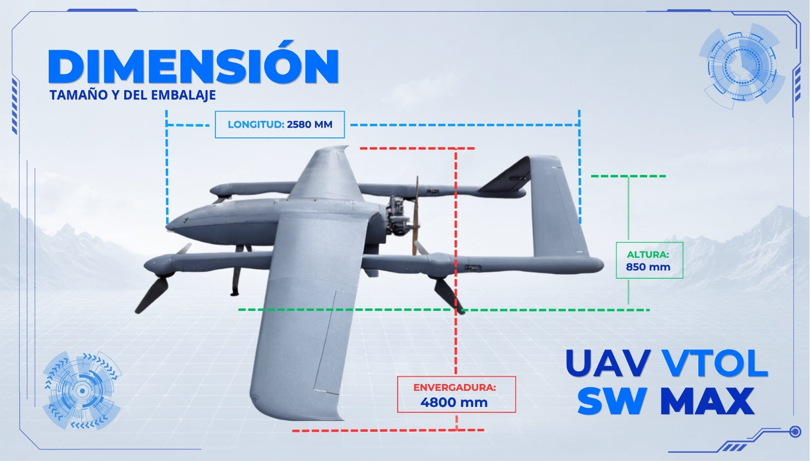 Dimensiones del UAV VTOL SW MAX con longitud de 2580 mm, envergadura de 4800 mm y altura de 850 mm.
