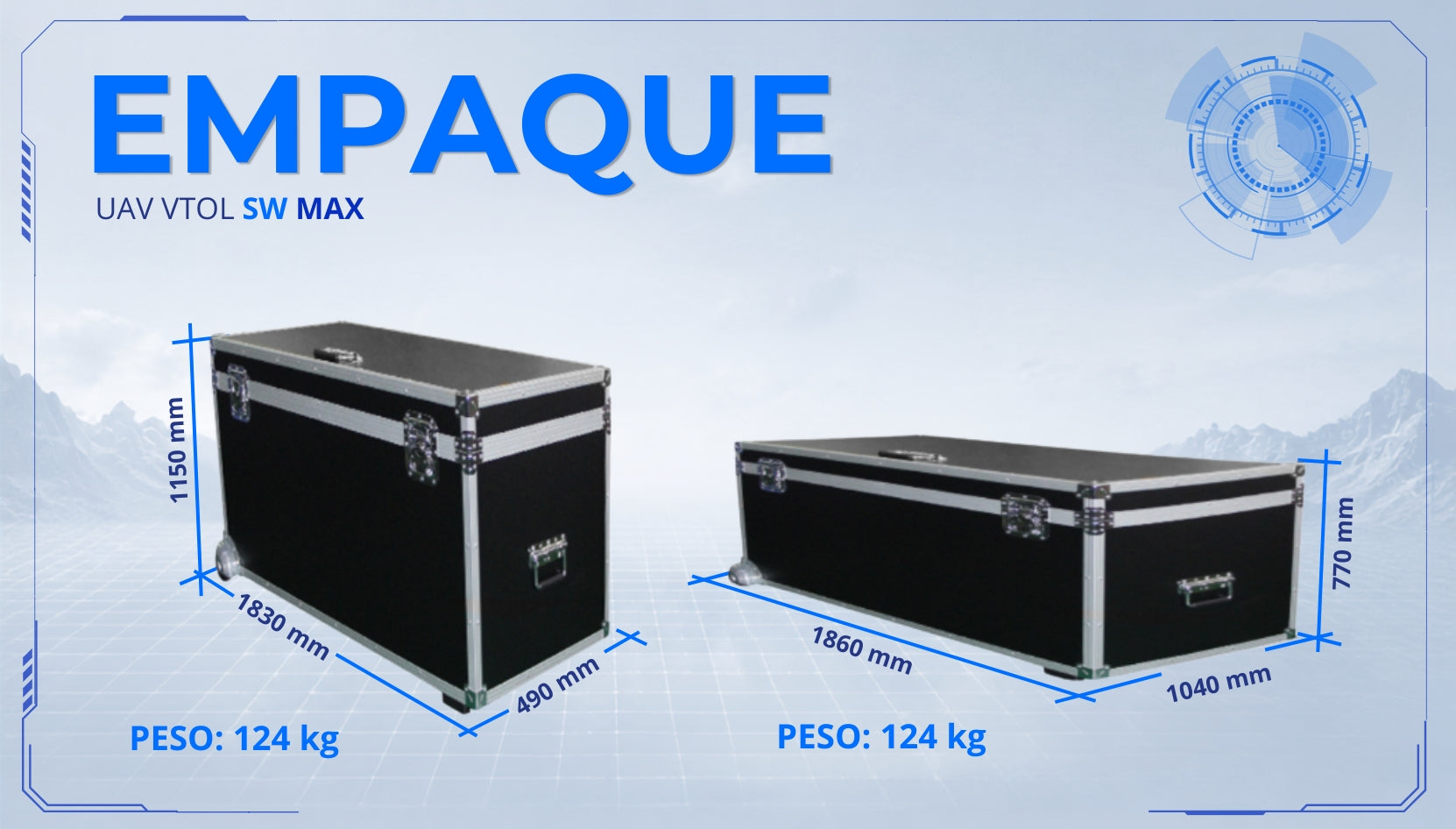 Cajas de transporte del UAV VTOL SW MAX con dimensiones del embalaje y peso para logística y traslado seguro.