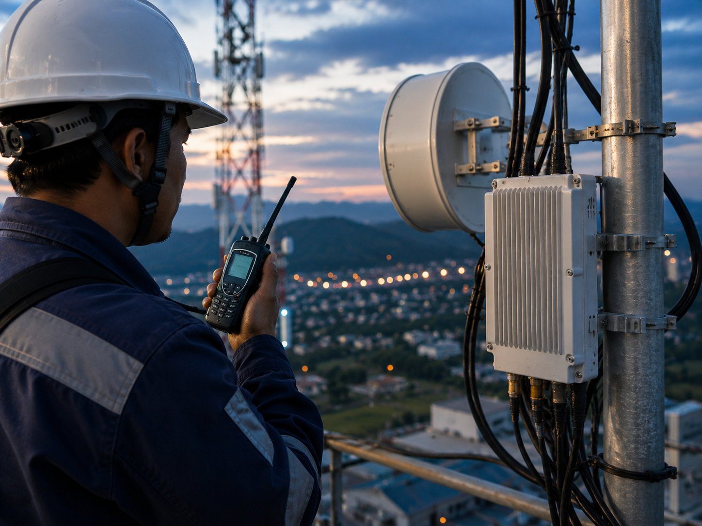 Técnico supervisando enlaces inalámbricos y equipos de telecomunicaciones para asegurar una comunicación confiable y el correcto funcionamiento de la infraestructura crítica.