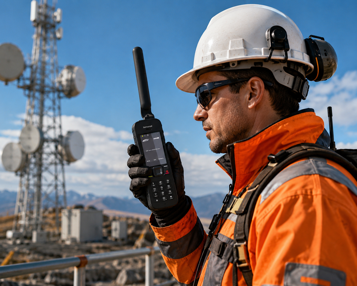 Técnico de telecomunicaciones utilizando un teléfono satelital en una estación de comunicación con torres y antenas para garantizar comunicaciones seguras en operaciones críticas y zonas remotas.