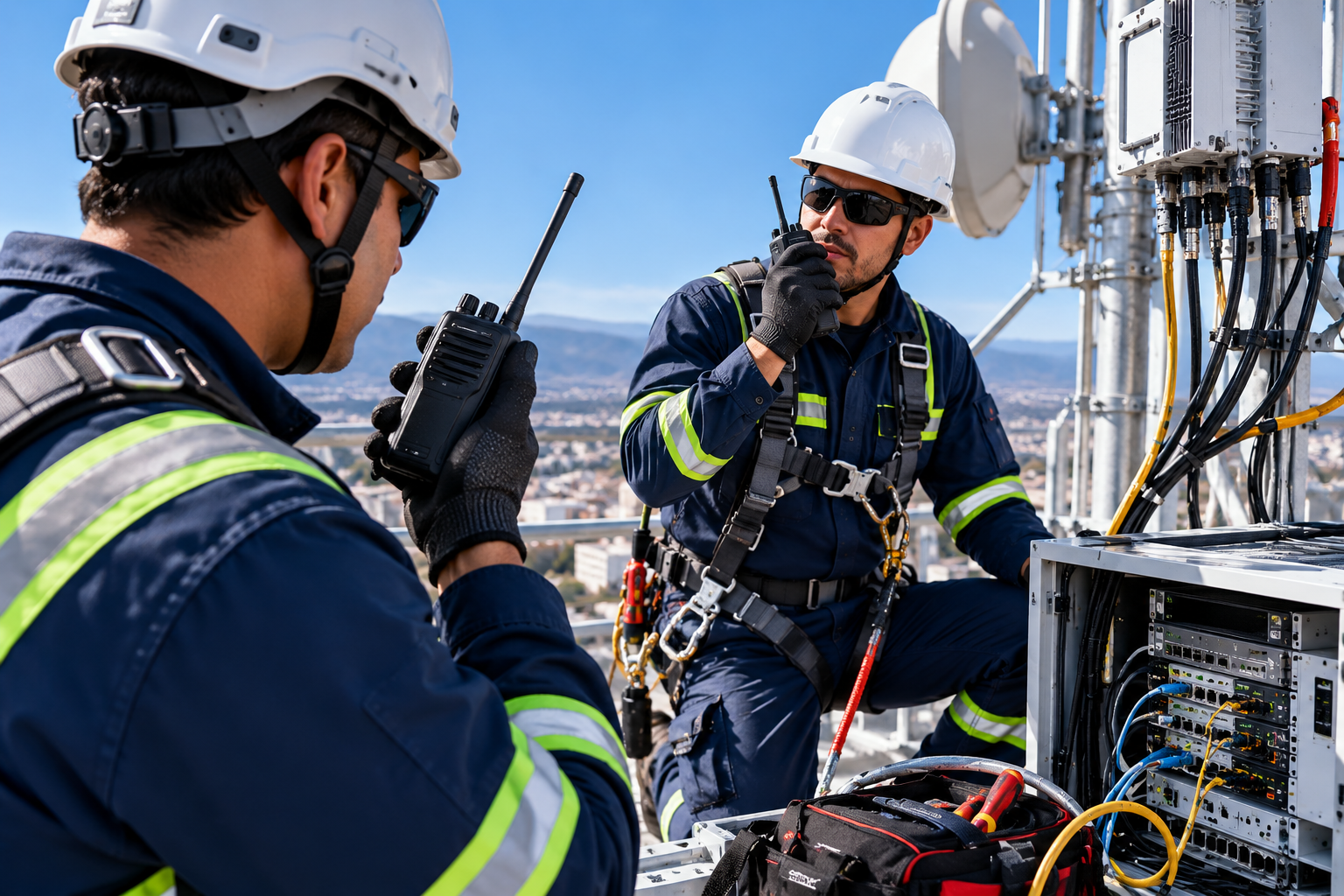 Radio portátil profesional UHF/VHF utilizado por técnicos de telecomunicaciones para comunicaciones críticas en operaciones industriales, mantenimiento de infraestructura y coordinación de equipos en campo.