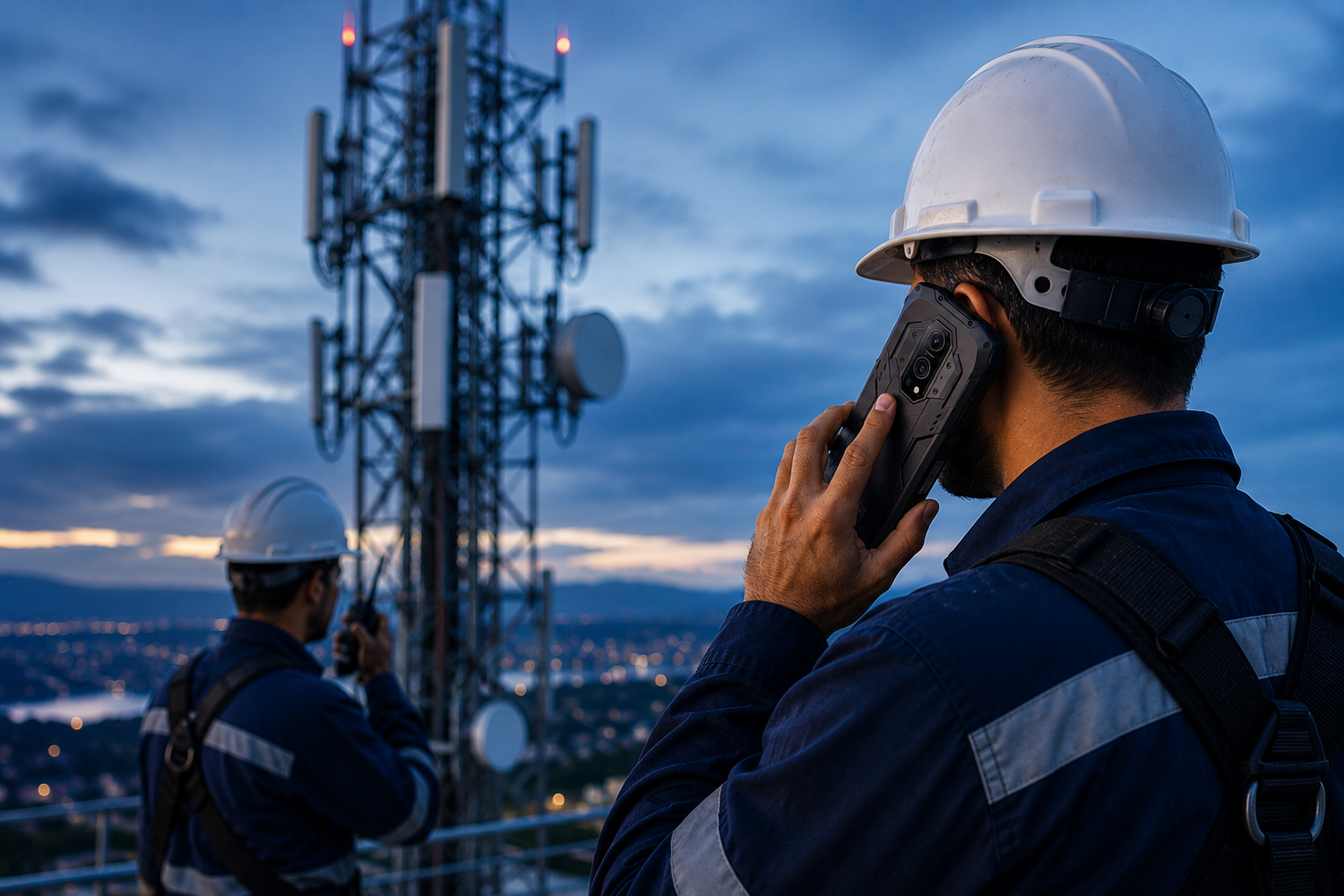 Técnicos especializados realizando mantenimiento e inspección de una torre de telecomunicaciones mediante equipos de radiocomunicación para garantizar la continuidad de la red empresarial de ZARR Soluciones Tecnológicas.