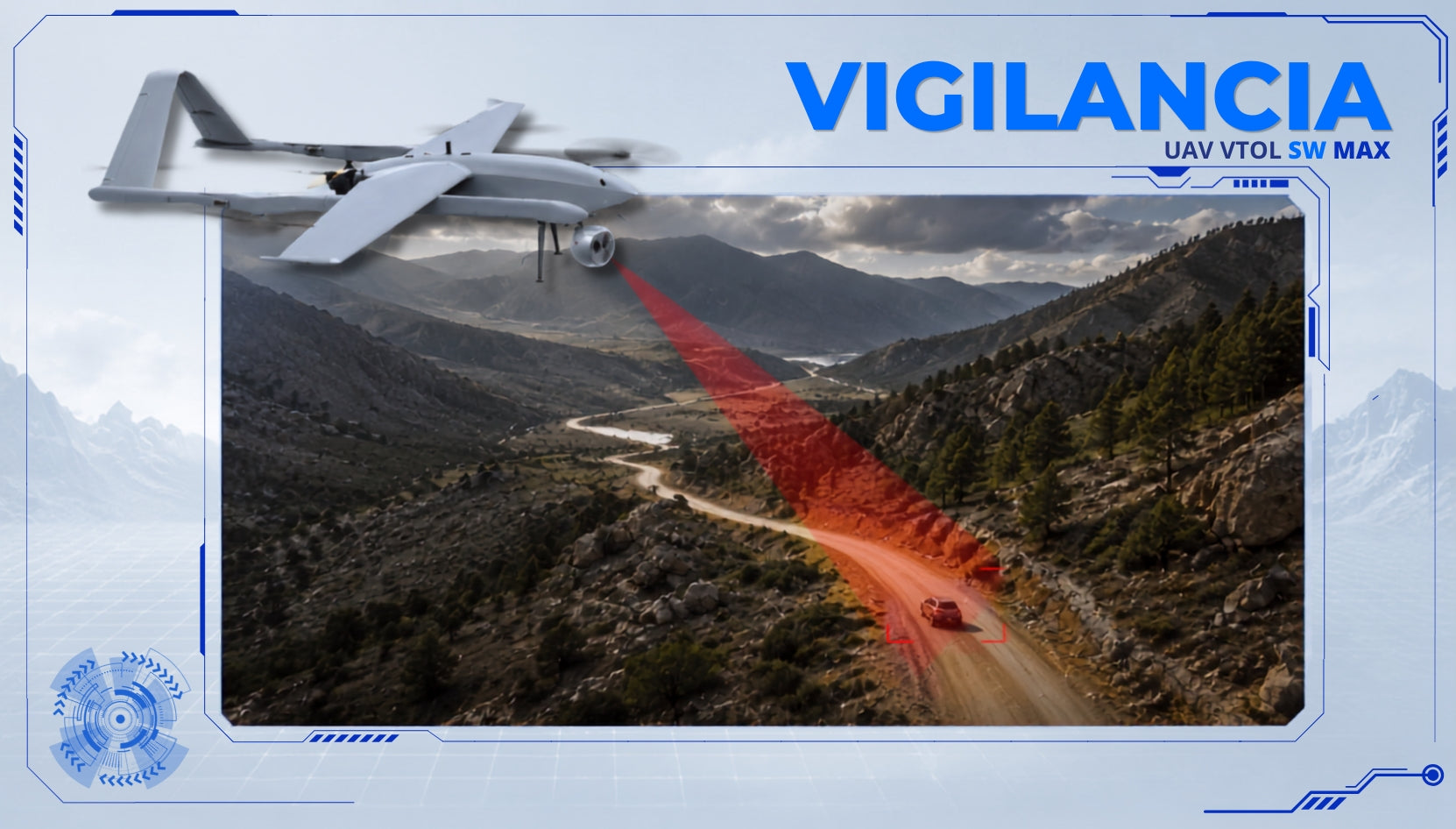UAV VTOL SW MAX realizando vigilancia aérea y monitoreo en tiempo real para seguridad, infraestructura crítica, inspección industrial y reconocimiento de grandes áreas.